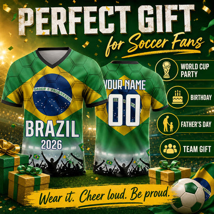 Custom Brazil Soccer Jersey 2026 World Cup, Personalized Name Number Shirt for Men Women Kids, Brazil Fan Apparel Gift | BX91