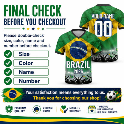 Custom Brazil Soccer Jersey 2026 World Cup, Personalized Name Number Shirt for Men Women Kids, Brazil Fan Apparel Gift | BX91