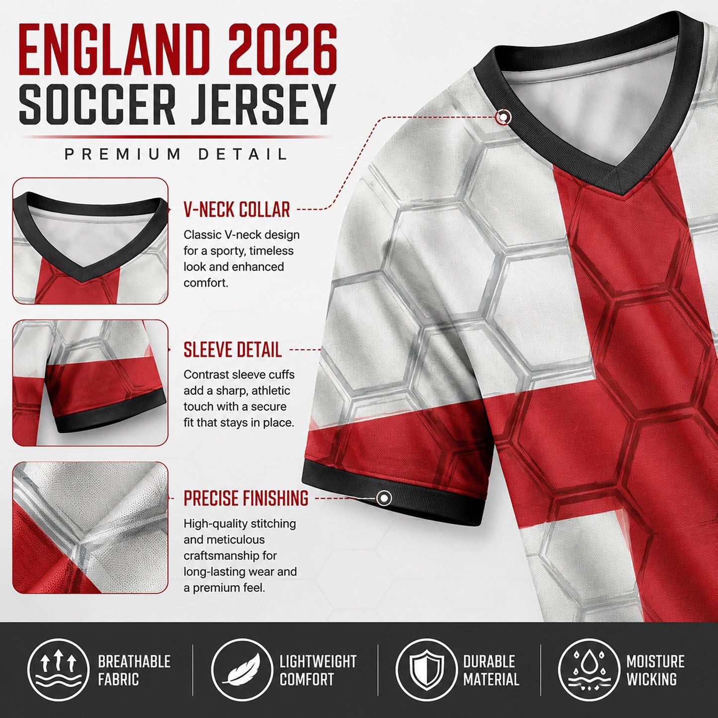 Custom England Soccer Jersey 2026 World Cup, Personalized Name Number Shirt for Men Women Kids, England Fan Apparel Gift | DE53