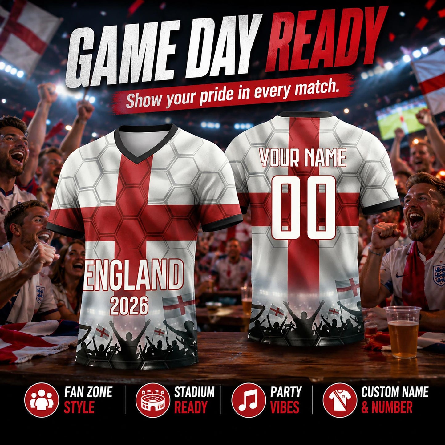 Custom England Soccer Jersey 2026 World Cup, Personalized Name Number Shirt for Men Women Kids, England Fan Apparel Gift | DE53