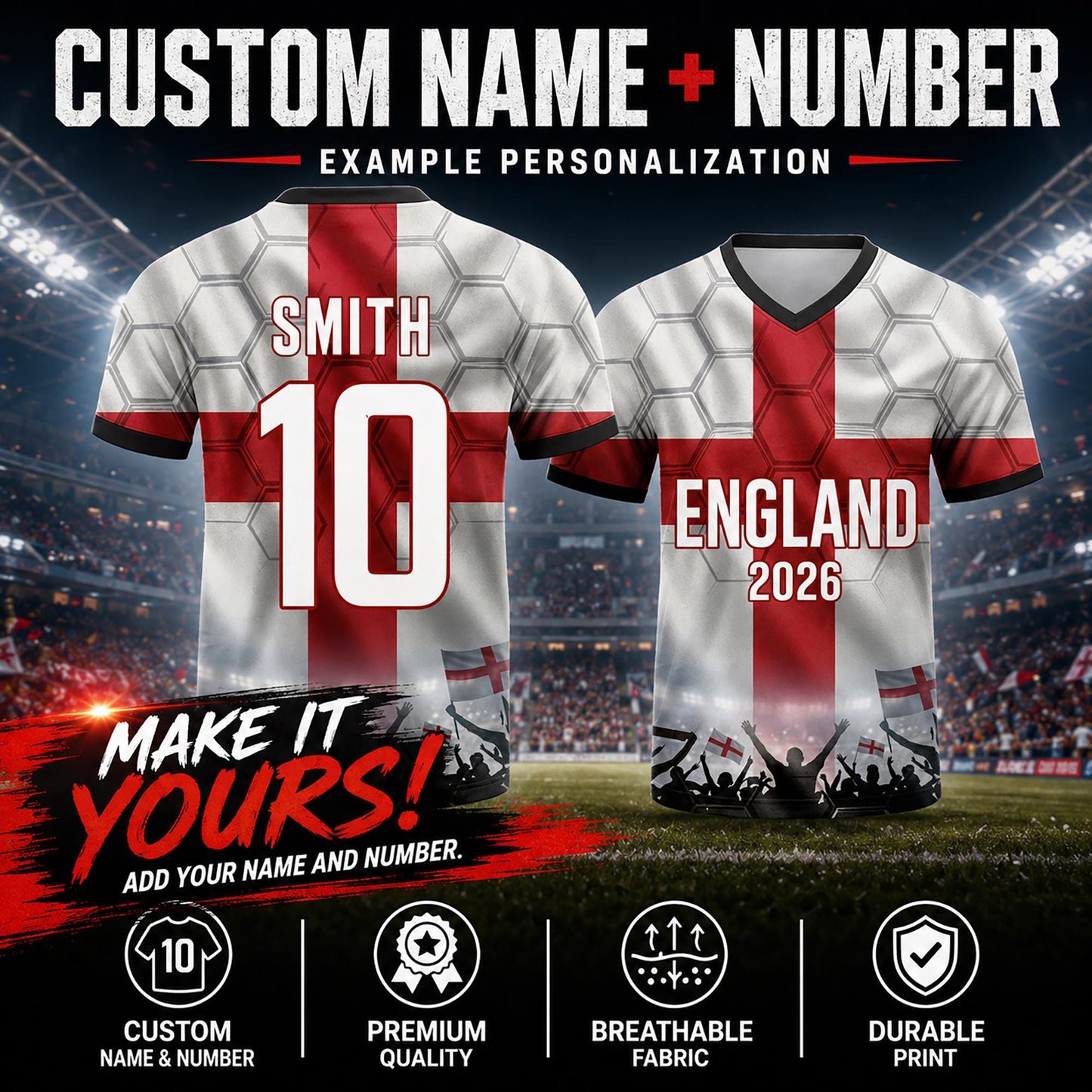 Custom England Soccer Jersey 2026 World Cup, Personalized Name Number Shirt for Men Women Kids, England Fan Apparel Gift | DE53