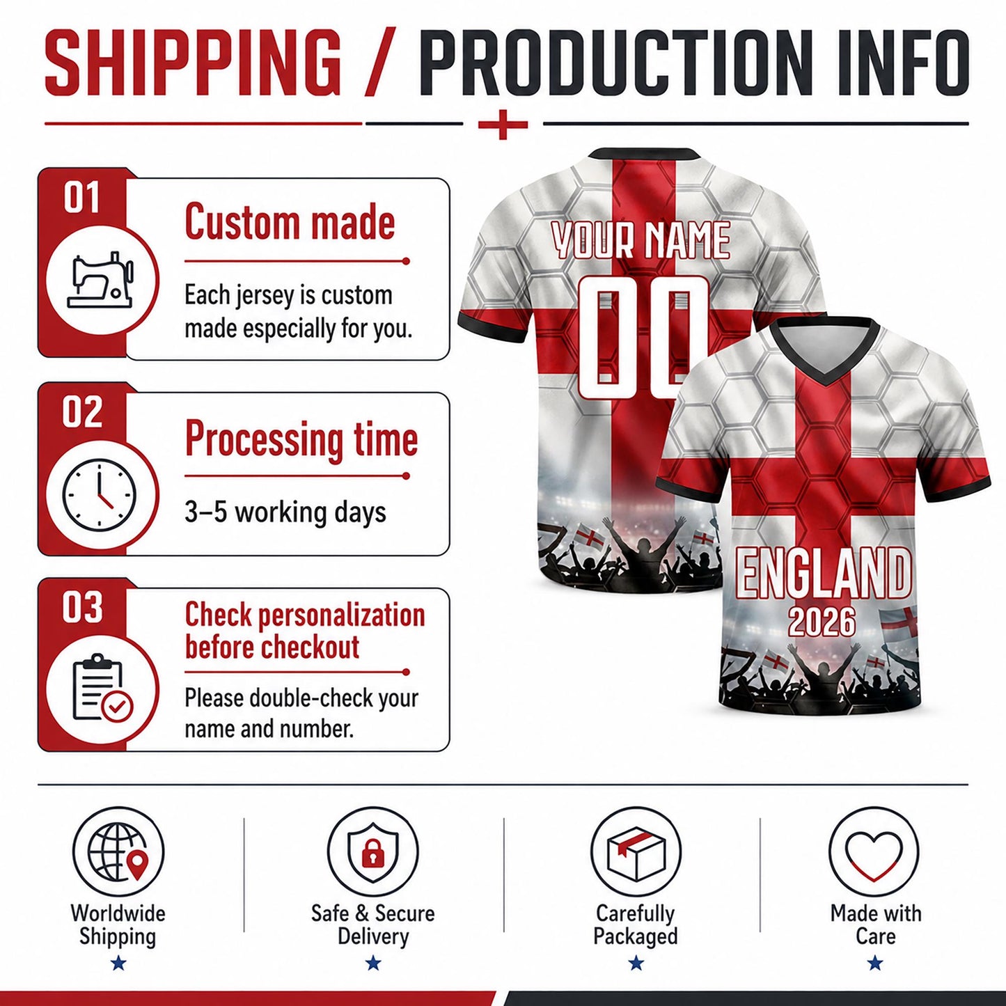 Custom England Soccer Jersey 2026 World Cup, Personalized Name Number Shirt for Men Women Kids, England Fan Apparel Gift | DE53