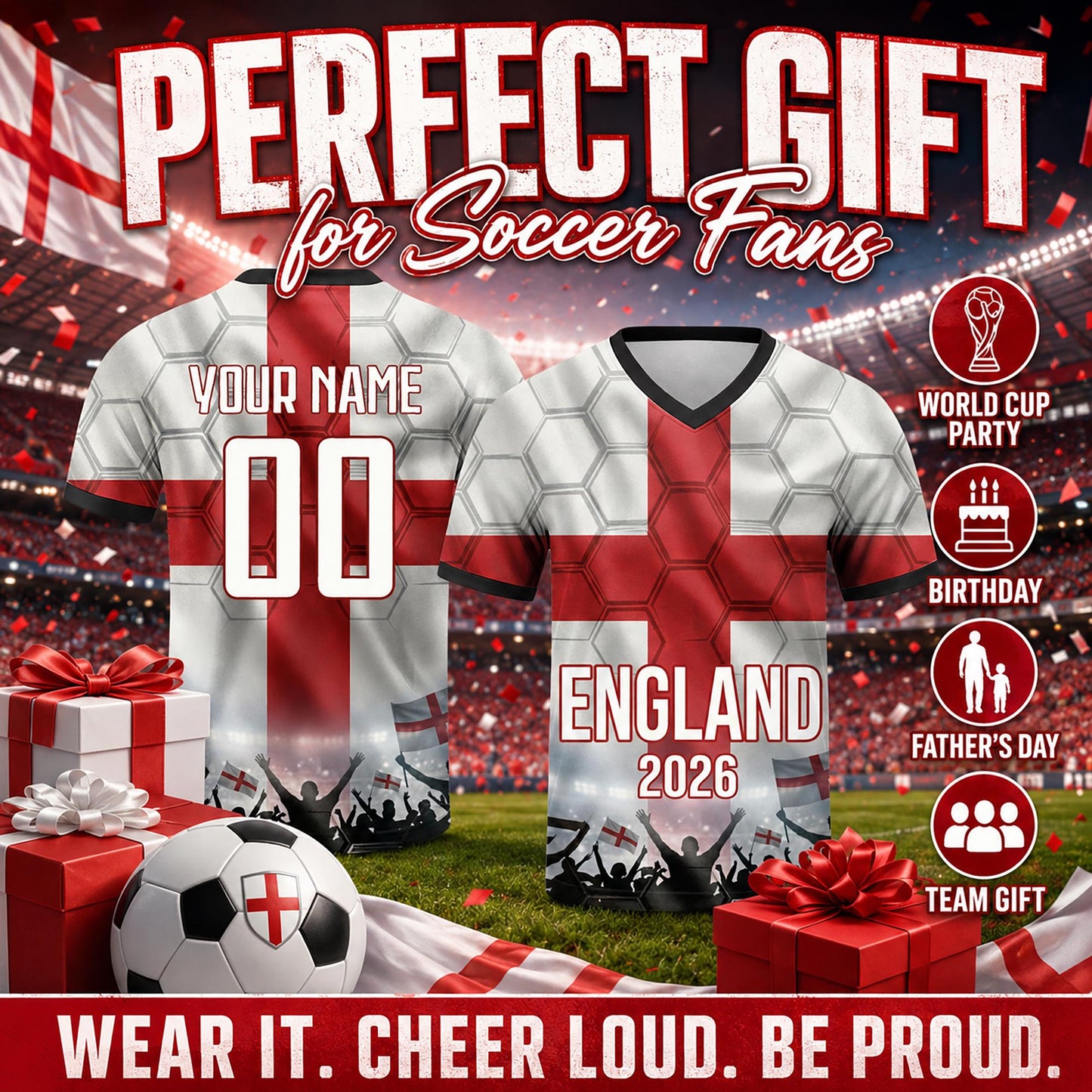 Custom England Soccer Jersey 2026 World Cup, Personalized Name Number Shirt for Men Women Kids, England Fan Apparel Gift | DE53