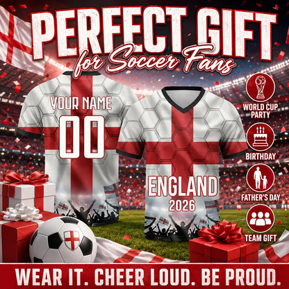 Custom England Soccer Jersey 2026 World Cup, Personalized Name Number Shirt for Men Women Kids, England Fan Apparel Gift | DE53