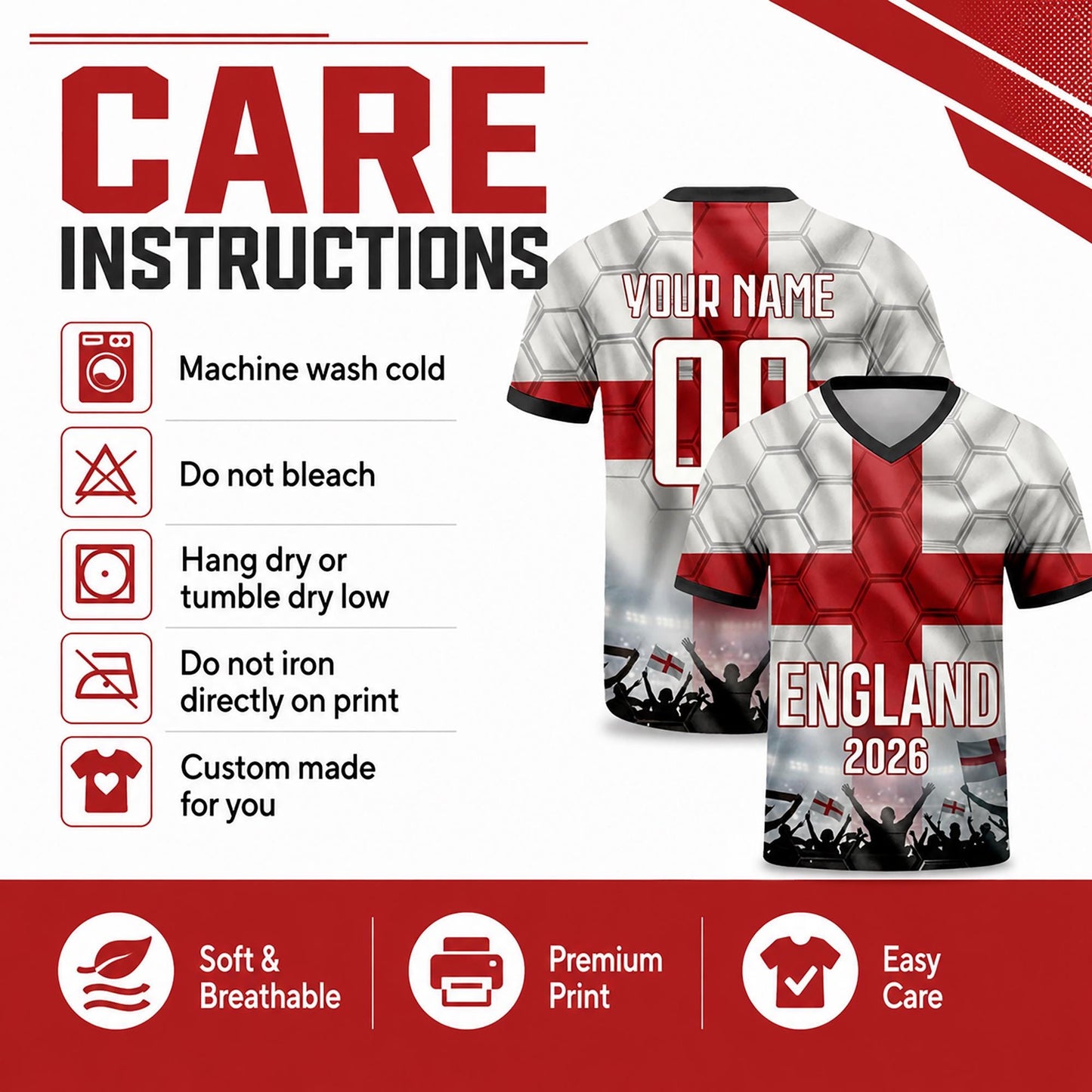 Custom England Soccer Jersey 2026 World Cup, Personalized Name Number Shirt for Men Women Kids, England Fan Apparel Gift | DE53