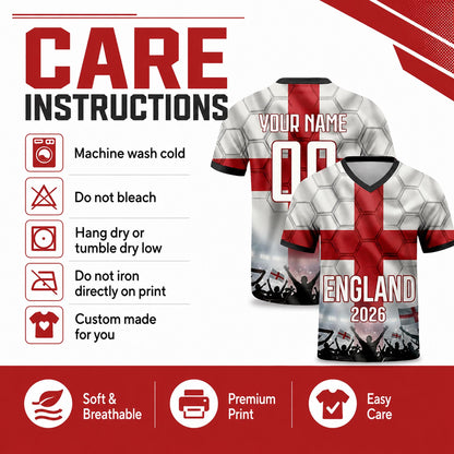 Custom England Soccer Jersey 2026 World Cup, Personalized Name Number Shirt for Men Women Kids, England Fan Apparel Gift | DE53