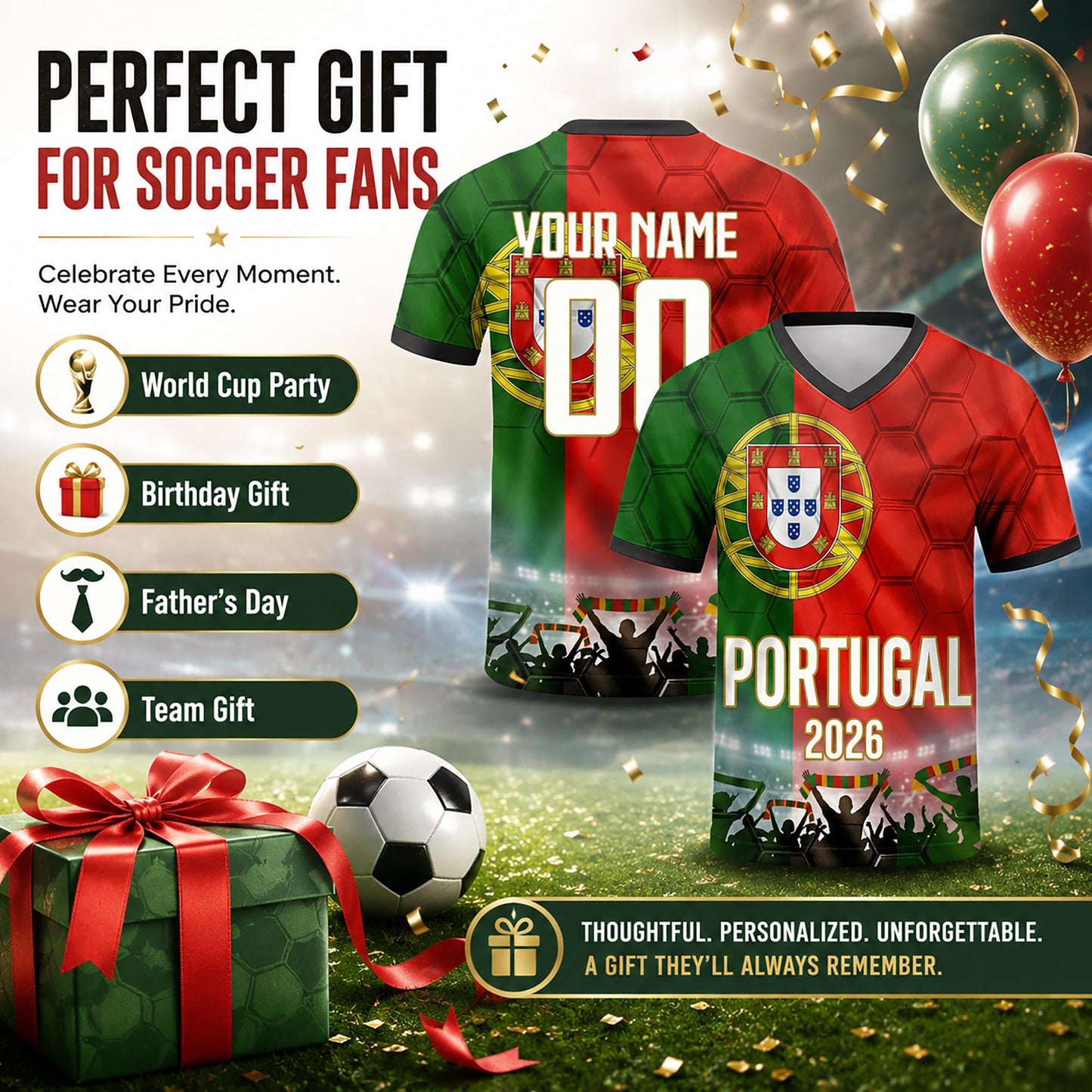 Custom Portugal Soccer Jersey 2026 World Cup, Personalized Name Number Shirt for Men Women Kids, Portugal Fan Apparel Gift | SS48