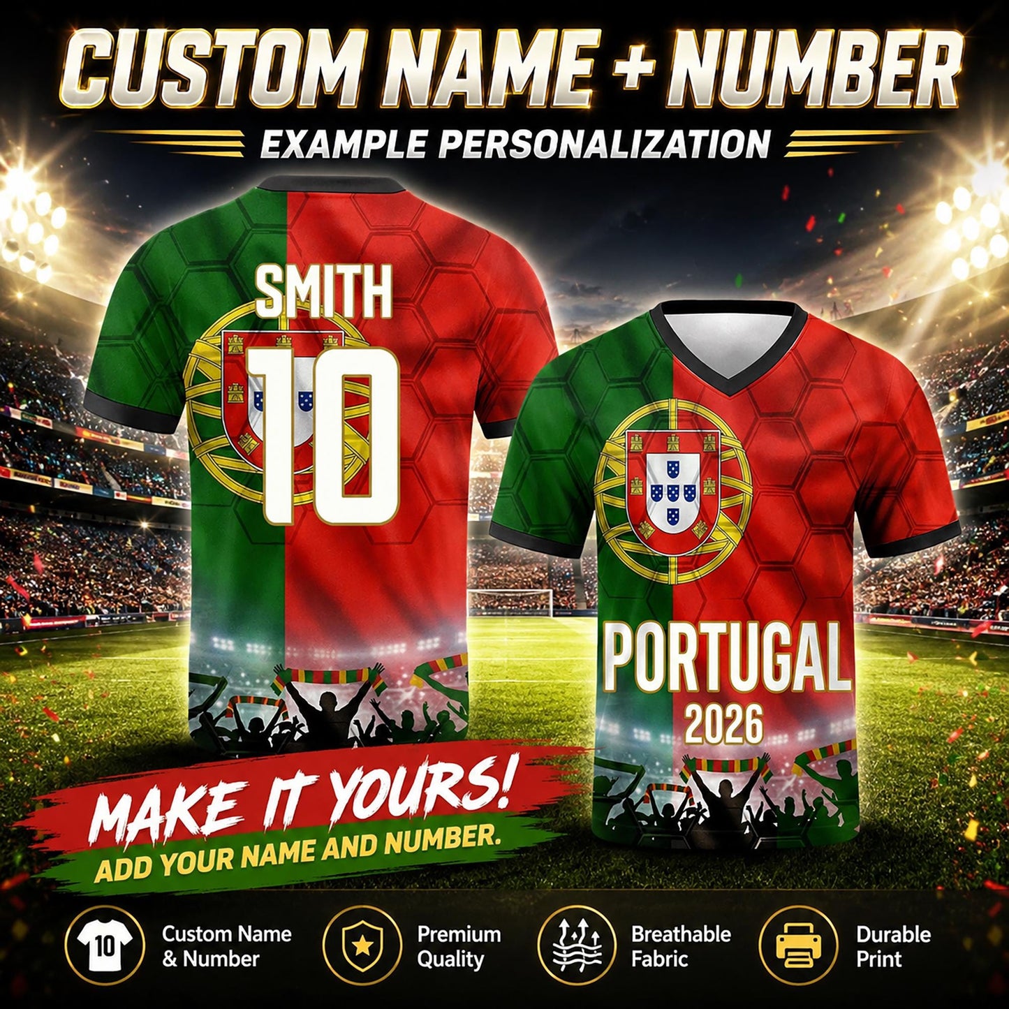 Custom Portugal Soccer Jersey 2026 World Cup, Personalized Name Number Shirt for Men Women Kids, Portugal Fan Apparel Gift | SS48