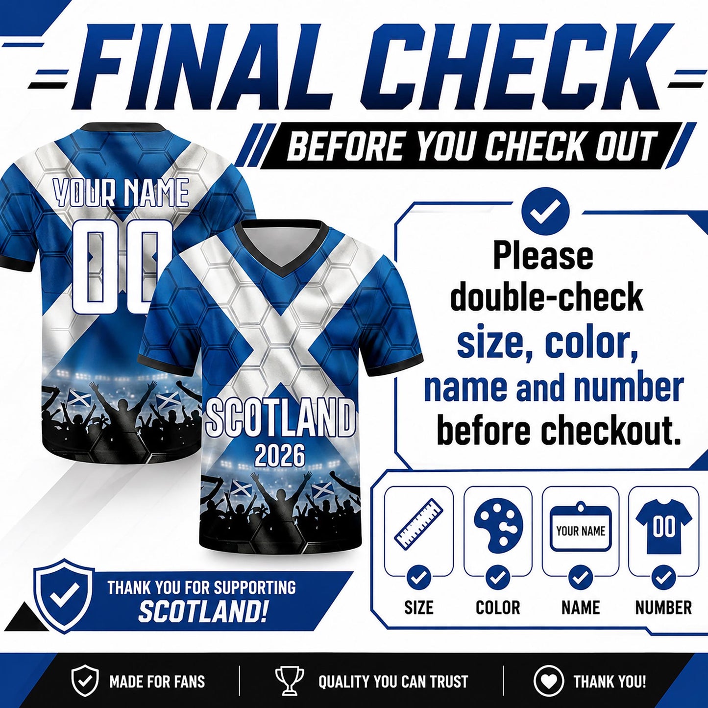 Custom Scotland Soccer Jersey 2026 World Cup, Personalized Name Number Shirt for Men Women Kids, Scotland Fan Apparel Gift | NP24
