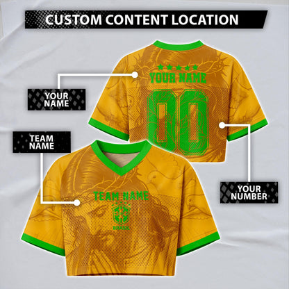 Custom Brazil Soccer Crop Top Jersey, Personalized Name Number Shirt, Football Fan Crop Tee, Bachelorette Party & Festival Outfit | MW83