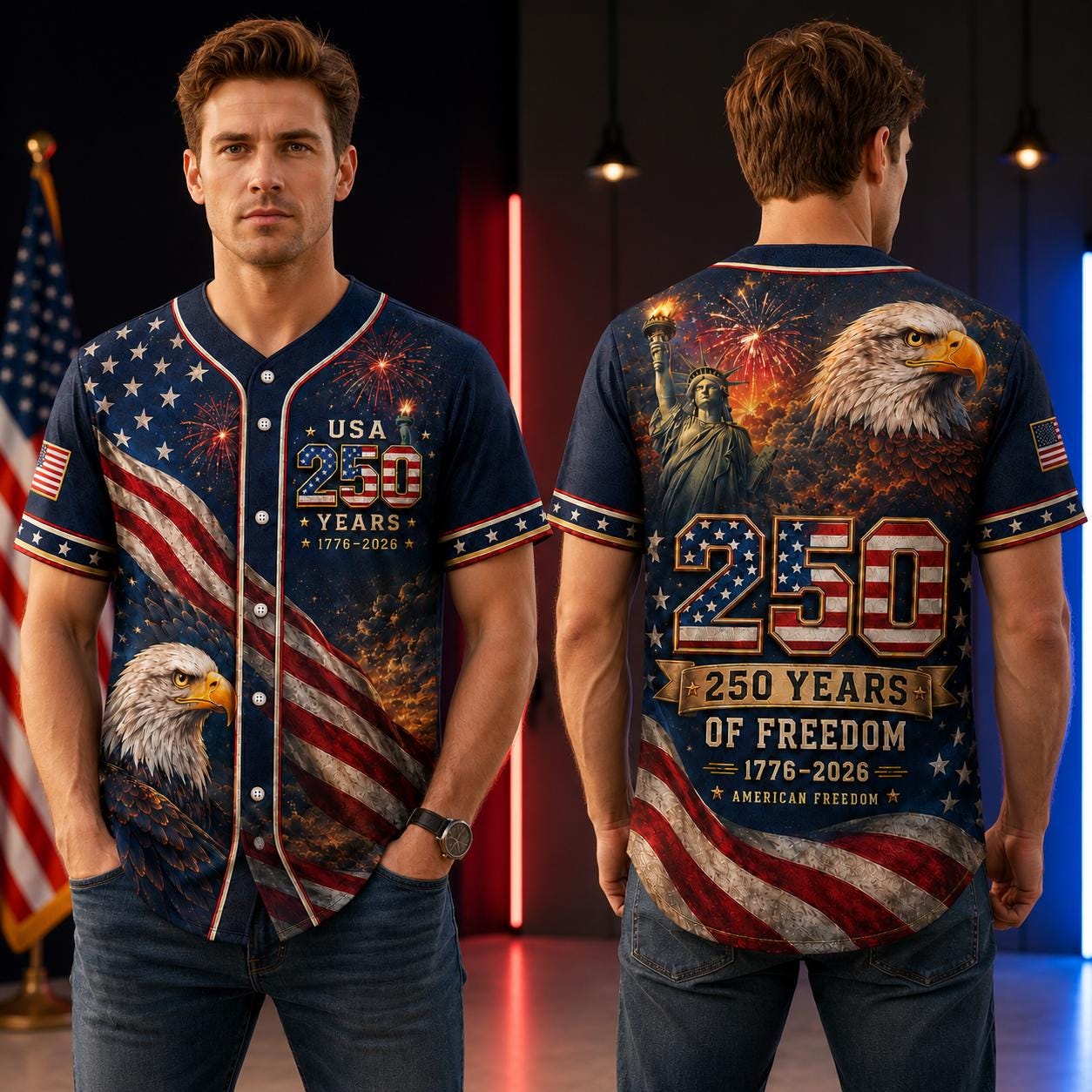 USA 250th Anniversary Baseball Jersey, 1776 2026 Patriotic Eagle Flag Shirt, 4th of July Jersey, America Freedom Gift for Men, Family | QK27