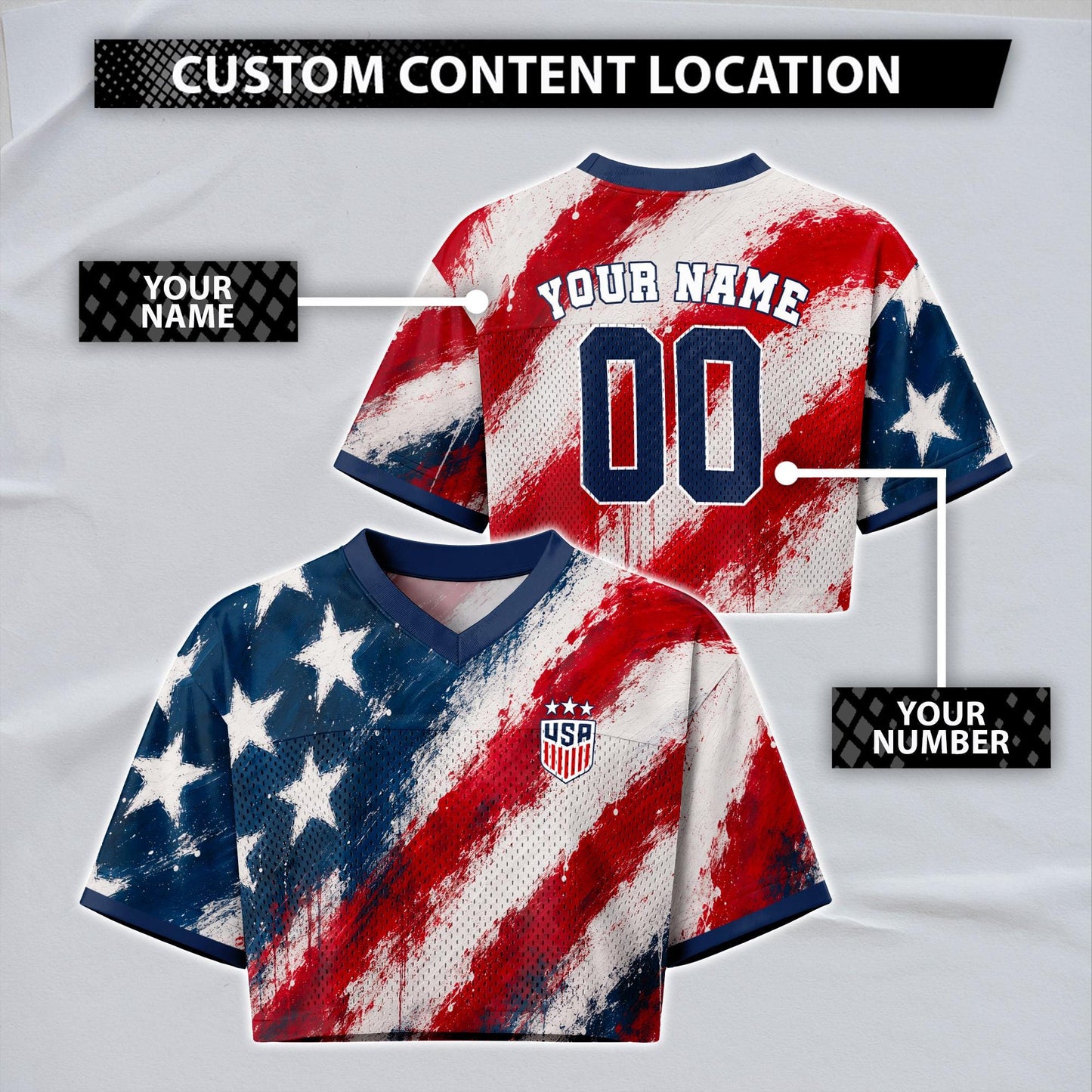 Custom USA Soccer Crop Top Jersey, Personalized Name Number Shirt, Football Fan Crop Tee, Bachelorette Party & Festival Outfit | MM35