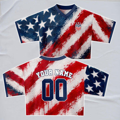 Custom USA Soccer Crop Top Jersey, Personalized Name Number Shirt, Football Fan Crop Tee, Bachelorette Party & Festival Outfit | MM35