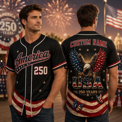 Custom Name USA 250th Anniversary Baseball Jersey, America 250 Years Patriotic Shirt, 1776 2026 Eagle Jersey,  4th of July Gift | BT70