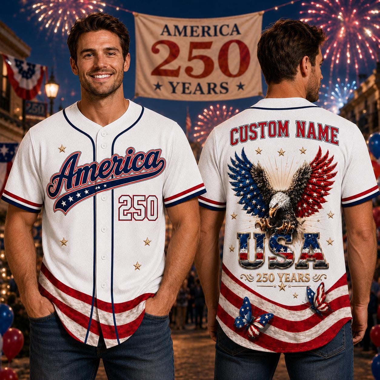 Custom Name USA 250th Anniversary Baseball Jersey, America 250 Years Patriotic Shirt, 1776 2026 Eagle Jersey,  4th of July Gift | BT70