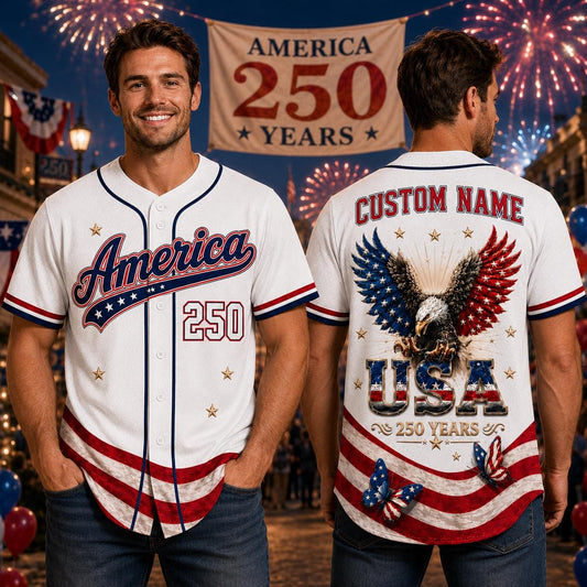Custom Name USA 250th Anniversary Baseball Jersey, America 250 Years Patriotic Shirt, 1776 2026 Eagle Jersey,  4th of July Gift | BT70