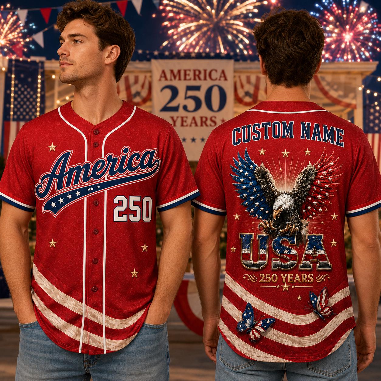 Custom Name USA 250th Anniversary Baseball Jersey, America 250 Years Patriotic Shirt, 1776 2026 Eagle Jersey,  4th of July Gift | BT70