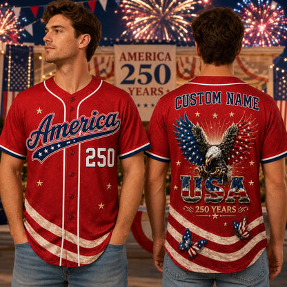 Custom Name USA 250th Anniversary Baseball Jersey, America 250 Years Patriotic Shirt, 1776 2026 Eagle Jersey,  4th of July Gift | BT70