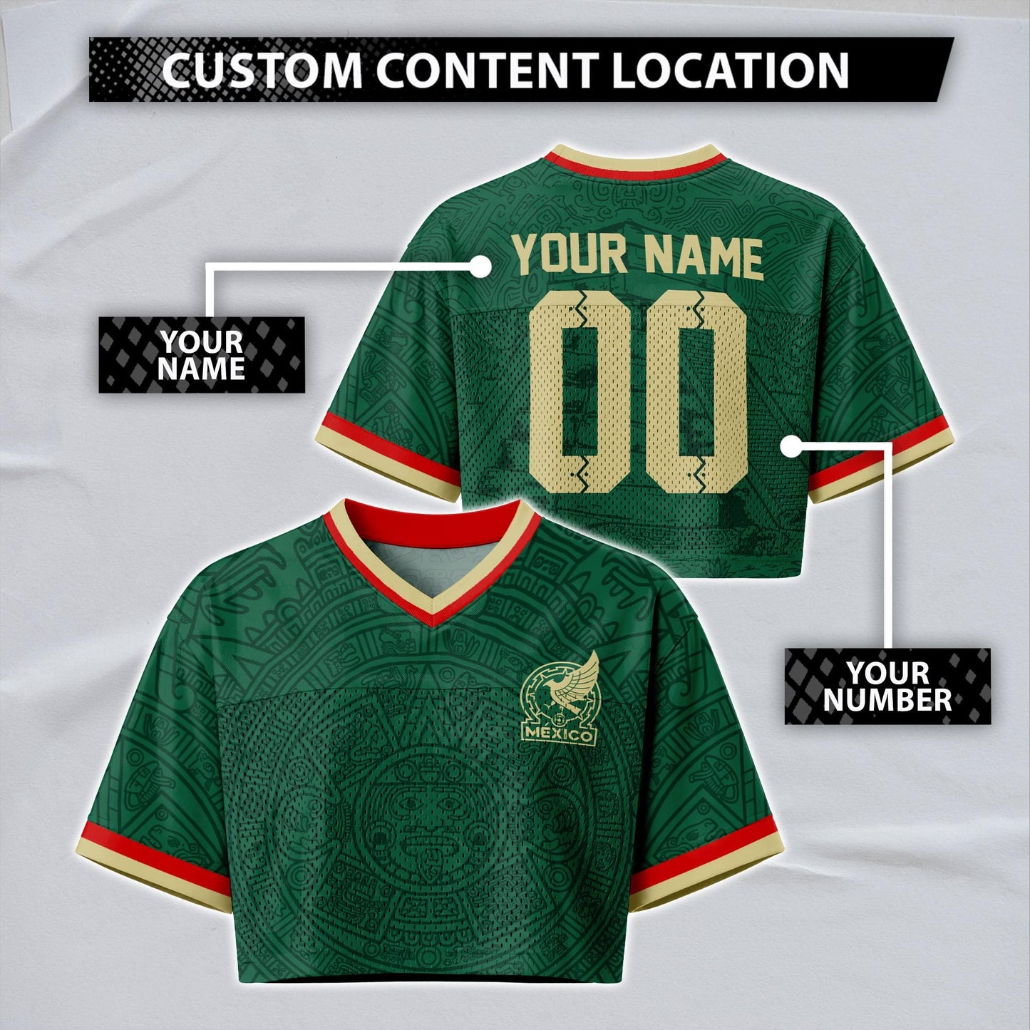 Custom Mexico Football Jersey for Women, Personalized Glitter Printed Name Number Mesh Crop Top, Green White Soccer Jersey, Mexican Shirt | CU87