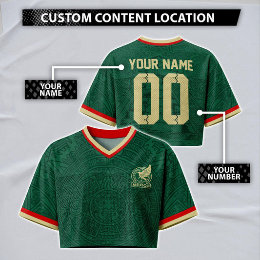 Custom Mexico Football Jersey for Women, Personalized Glitter Printed Name Number Mesh Crop Top, Green White Soccer Jersey, Mexican Shirt | CU87