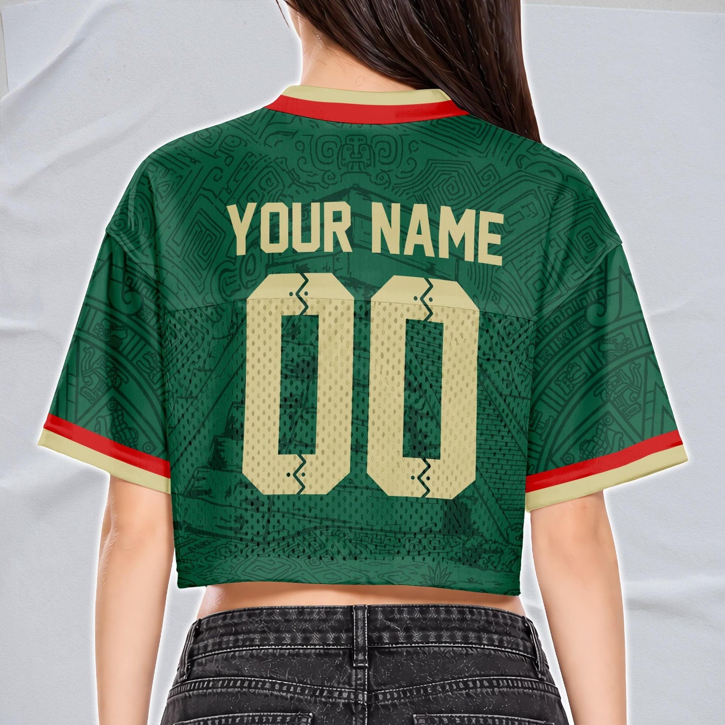 Custom Mexico Football Jersey for Women, Personalized Glitter Printed Name Number Mesh Crop Top, Green White Soccer Jersey, Mexican Shirt | CU87