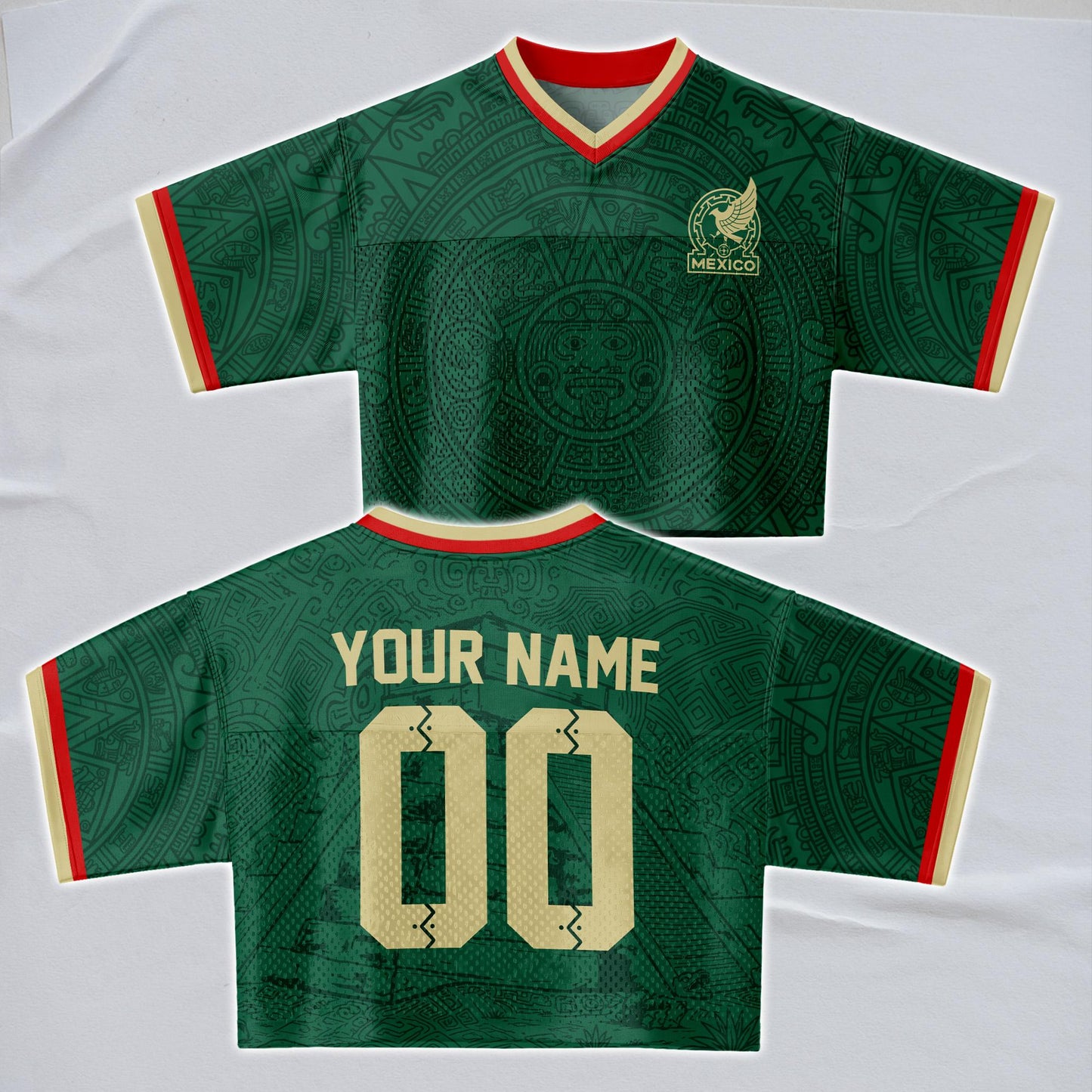 Custom Mexico Football Jersey for Women, Personalized Glitter Printed Name Number Mesh Crop Top, Green White Soccer Jersey, Mexican Shirt | CU87