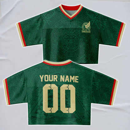 Custom Mexico Football Jersey for Women, Personalized Glitter Printed Name Number Mesh Crop Top, Green White Soccer Jersey, Mexican Shirt | CU87