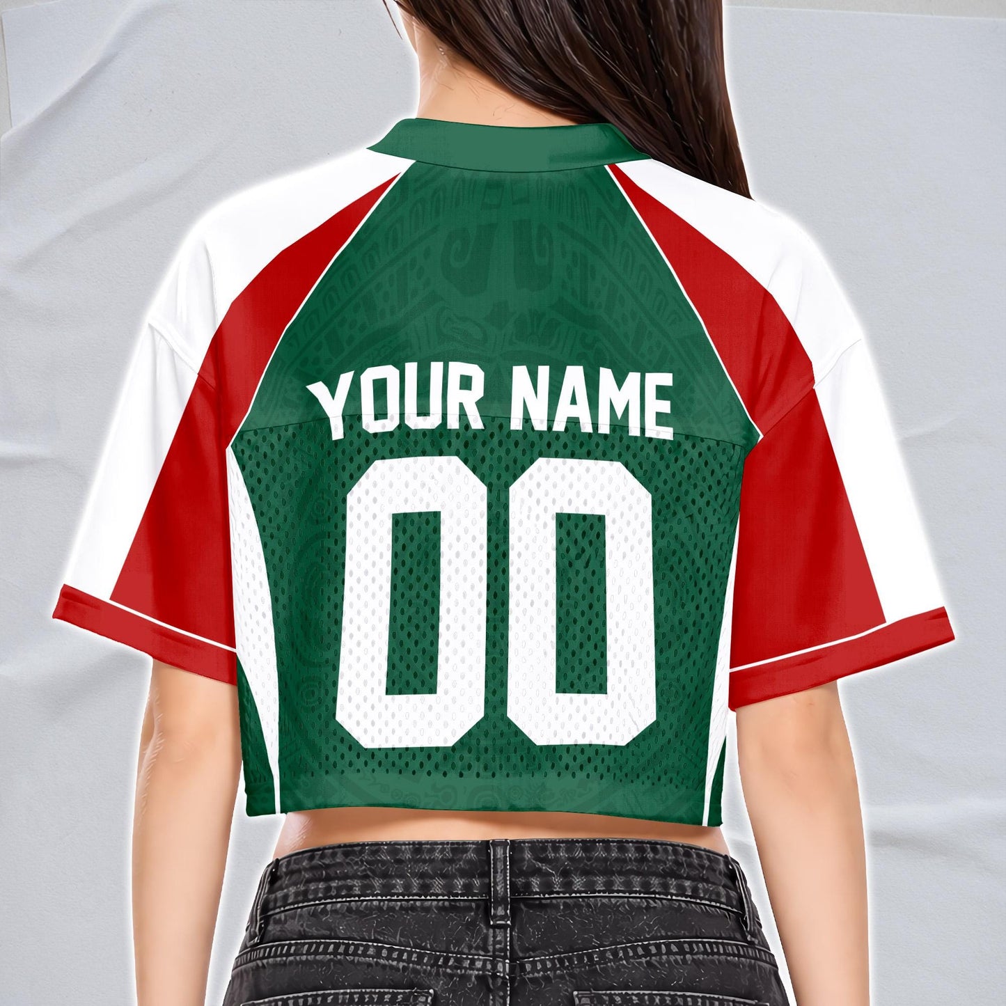 Custom Mexico Football Jersey for Women, Personalized Glitter Printed Name Number Mesh Crop Top, Green White Soccer Jersey, Mexican Shirt | SG58