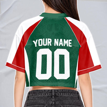 Custom Mexico Football Jersey for Women, Personalized Glitter Printed Name Number Mesh Crop Top, Green White Soccer Jersey, Mexican Shirt | SG58