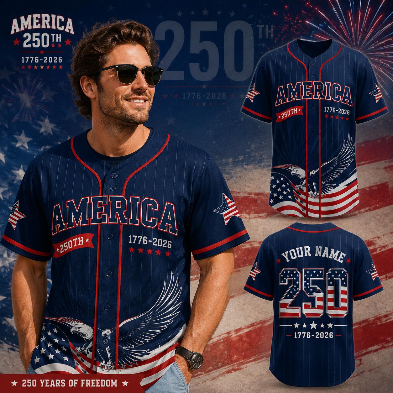 Personalized USA 250th Jersey, America 1776-2026 Baseball Shirt, Patriotic Eagle Shirt, Independence Day Outfit | FW86