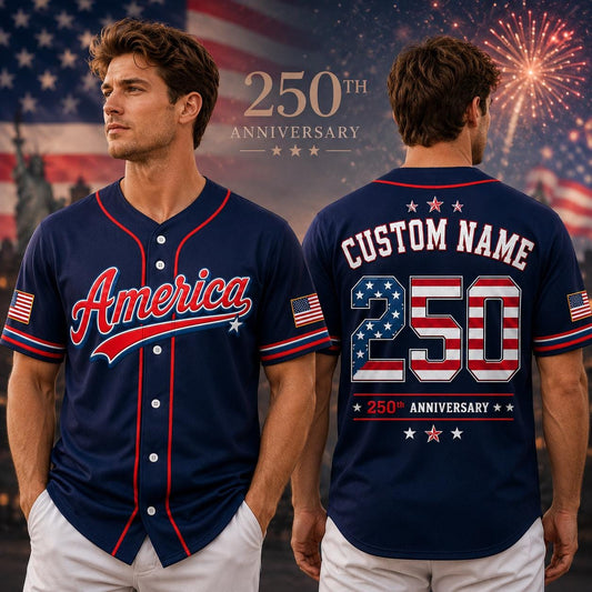Custom Name America 250 Jersey, USA Patriotic Baseball Shirt, 250th Anniversary Shirt, 4th of July 2026 Outfit | LE18