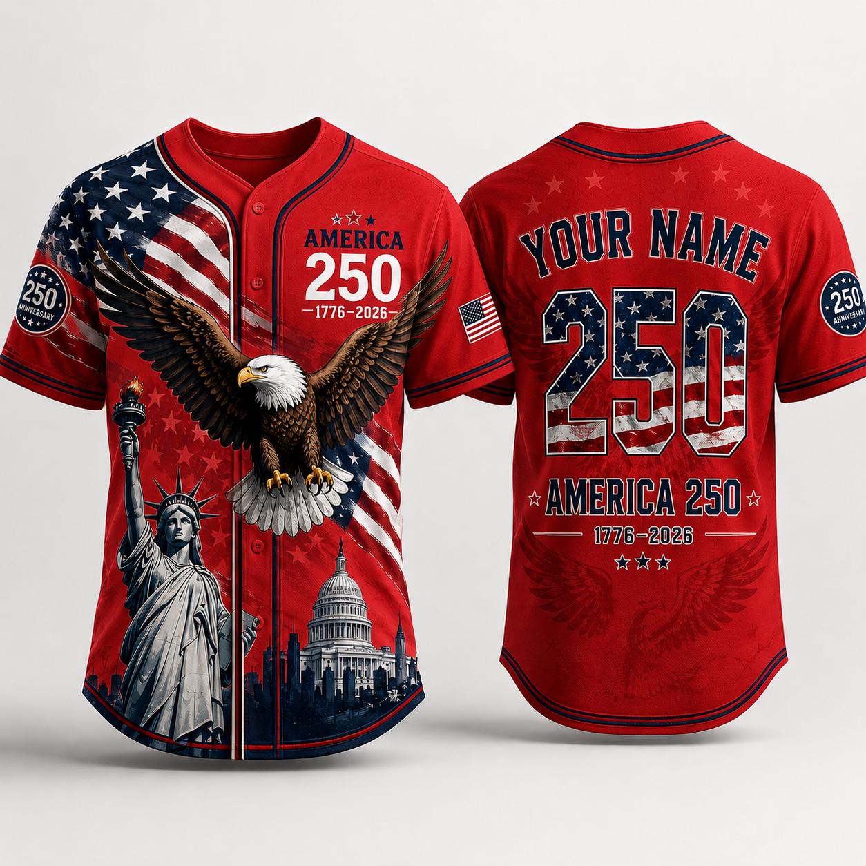 Personalized USA 250th Anniversary Baseball Jersey, Custom America 250 Jersey 1776 2026 Patriotic Eagle Shirt, Independence Day Tee | XF42
