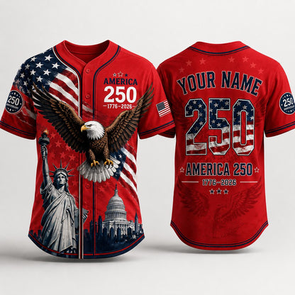 Personalized USA 250th Anniversary Baseball Jersey, Custom America 250 Jersey 1776 2026 Patriotic Eagle Shirt, Independence Day Tee | XF42