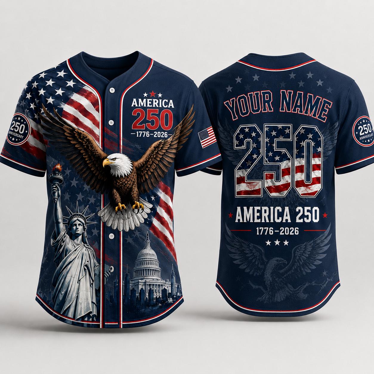 Personalized USA 250th Anniversary Baseball Jersey, Custom America 250 Jersey 1776 2026 Patriotic Eagle Shirt, Independence Day Tee | XF42