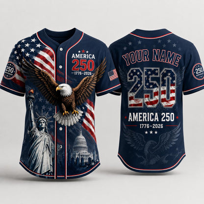 Personalized USA 250th Anniversary Baseball Jersey, Custom America 250 Jersey 1776 2026 Patriotic Eagle Shirt, Independence Day Tee | XF42