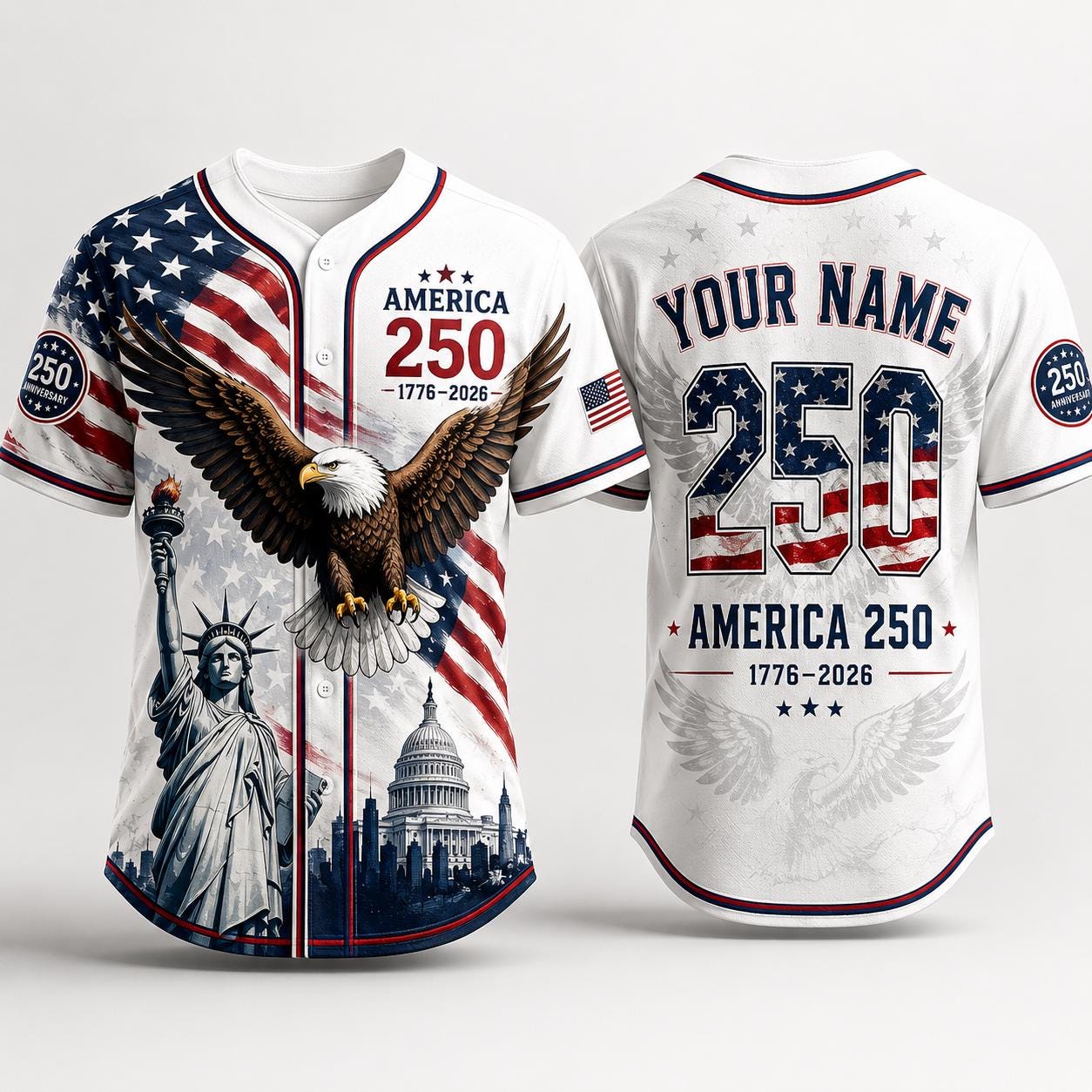 Personalized USA 250th Anniversary Baseball Jersey, Custom America 250 Jersey 1776 2026 Patriotic Eagle Shirt, Independence Day Tee | XF42