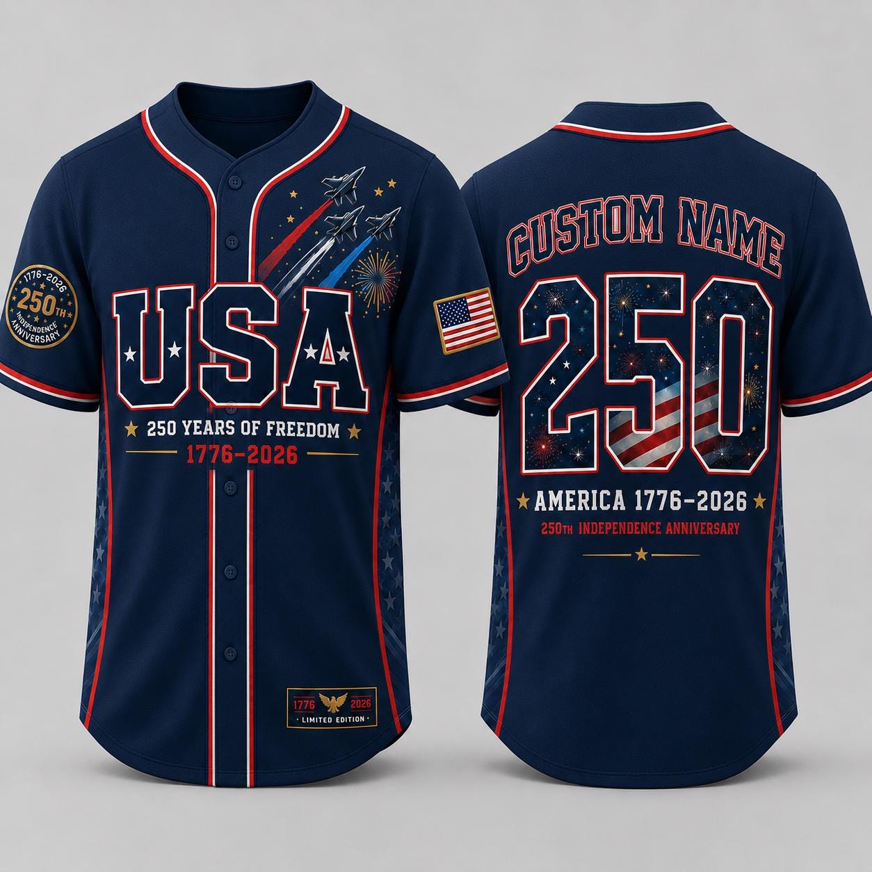 Custom USA 250th Anniversary Baseball Jersey, Personalized Name 1776 2026 America Jersey, Patriotic 4th of July Shirt, Freedom Gift | FU87