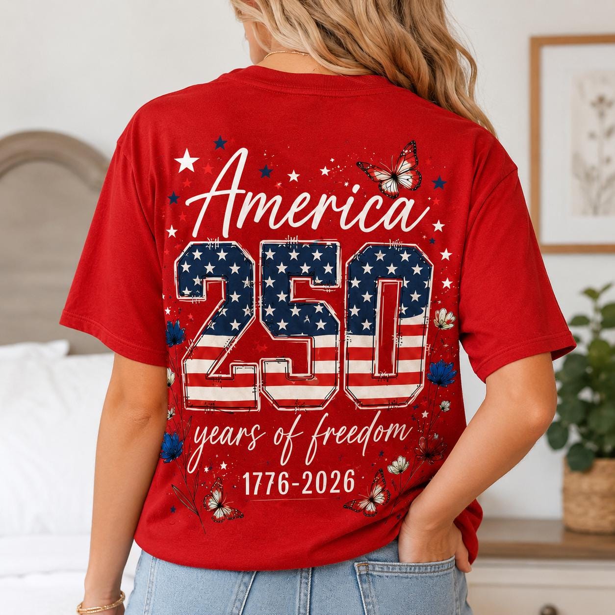 Comfort Colors America 250 Shirt, Patriotic Floral Butterfly Tee, Double Sided 4th of July Shirt, 1776 2026 Red USA Gift for Women | HB88