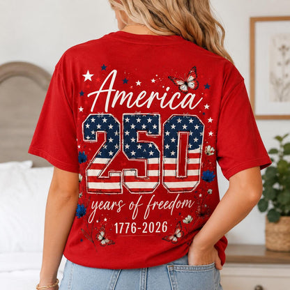 Comfort Colors America 250 Shirt, Patriotic Floral Butterfly Tee, Double Sided 4th of July Shirt, 1776 2026 Red USA Gift for Women | HB88