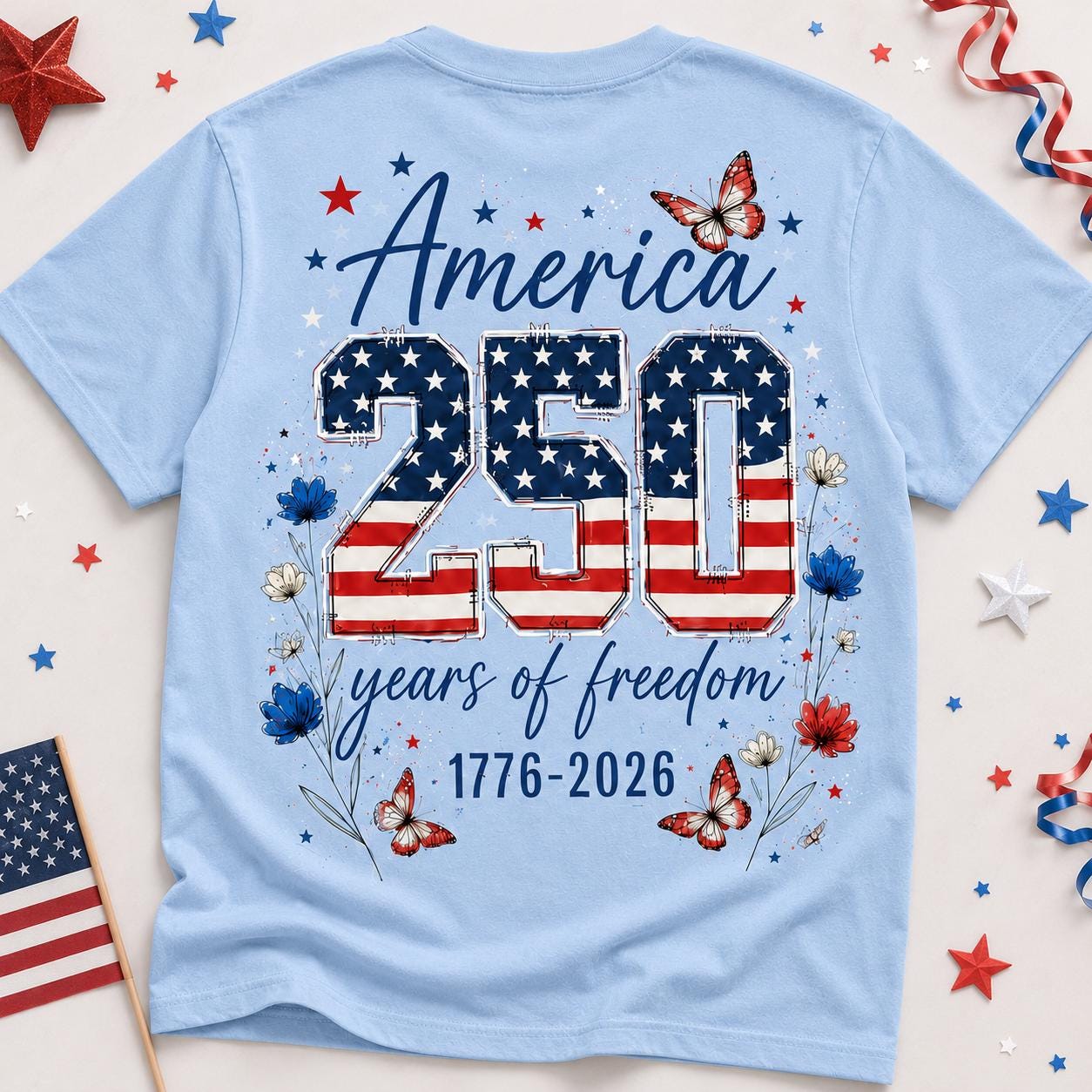 Comfort Colors America 250 Shirt, Patriotic Floral Butterfly Tee, Double Sided 4th of July Shirt, 1776 2026 Red USA Gift for Women | HB88