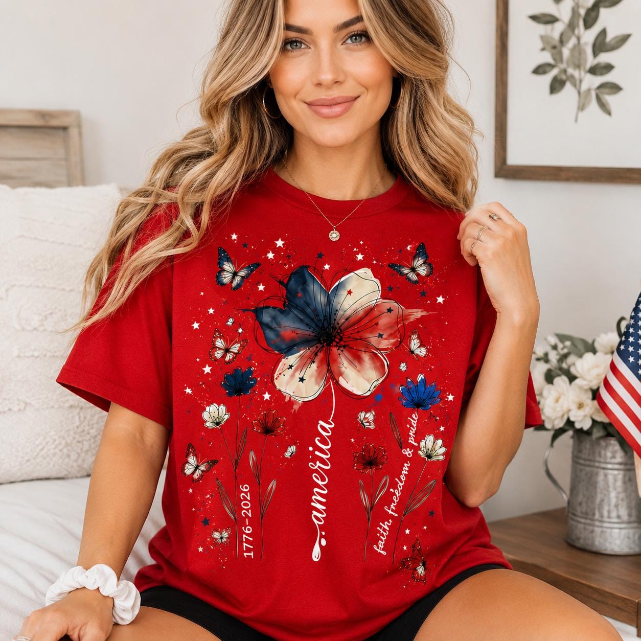 Comfort Colors America 250 Shirt, Patriotic Floral Butterfly Tee, Double Sided 4th of July Shirt, 1776 2026 Red USA Gift for Women | HB88