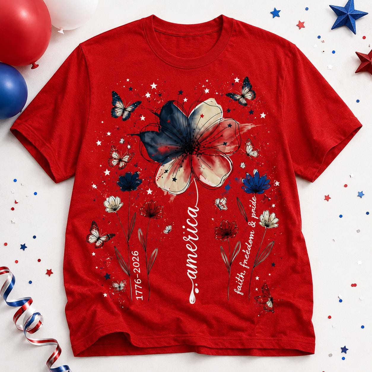 Comfort Colors America 250 Shirt, Patriotic Floral Butterfly Tee, Double Sided 4th of July Shirt, 1776 2026 Red USA Gift for Women | HB88