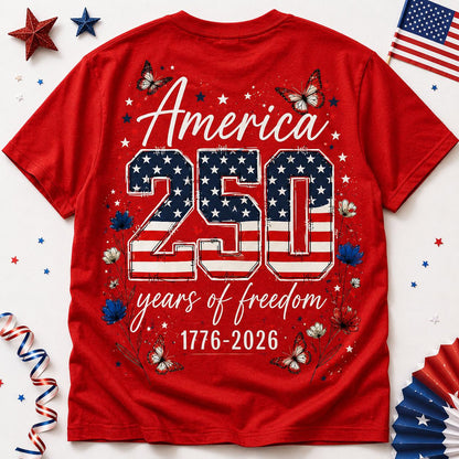 Comfort Colors America 250 Shirt, Patriotic Floral Butterfly Tee, Double Sided 4th of July Shirt, 1776 2026 Red USA Gift for Women | HB88