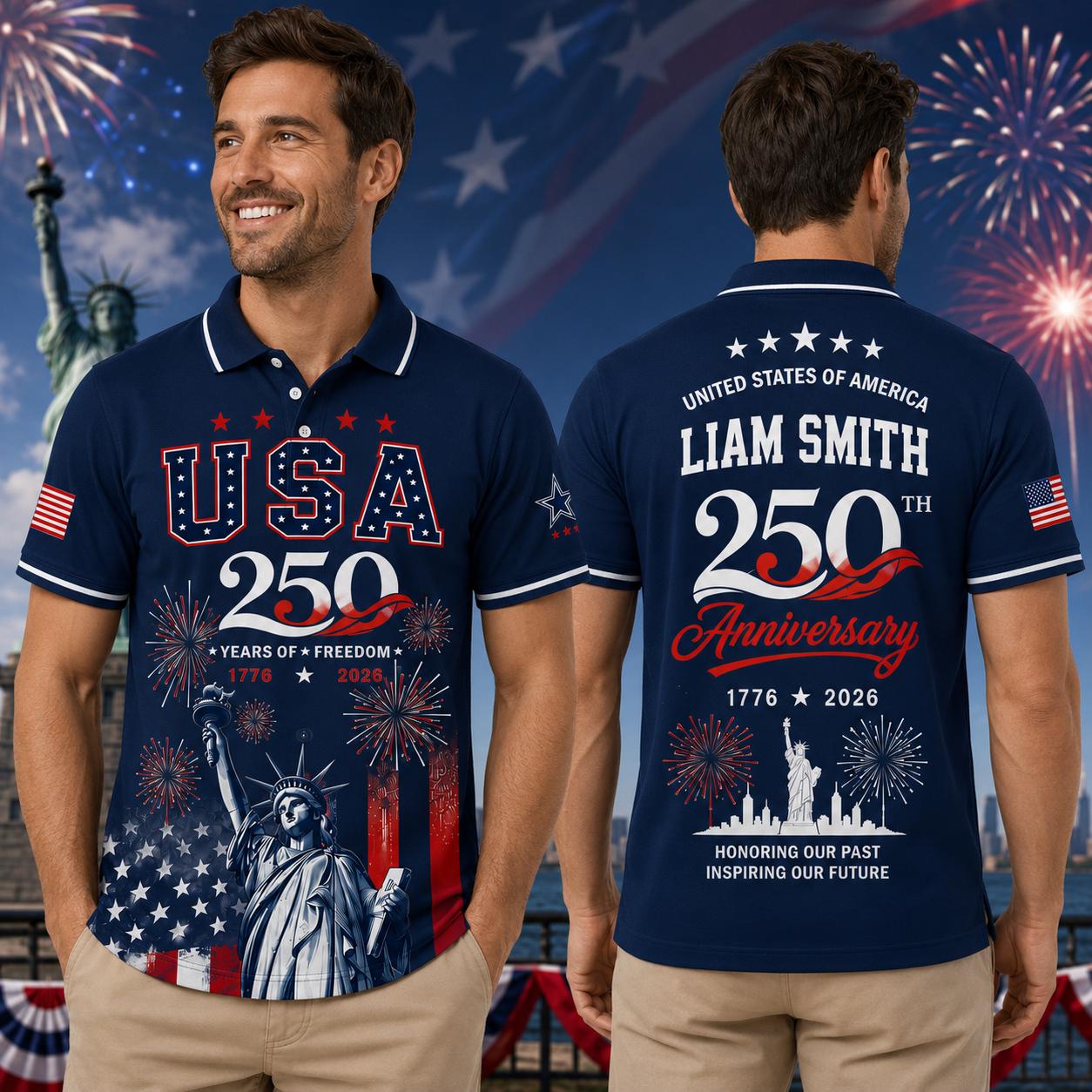 Personalized USA 250th Anniversary Polo Shirt, Patriotic 1776 2026 Custom Name Shirt, America Semiquincentennial Gift, 4th of July Freedom | OG75