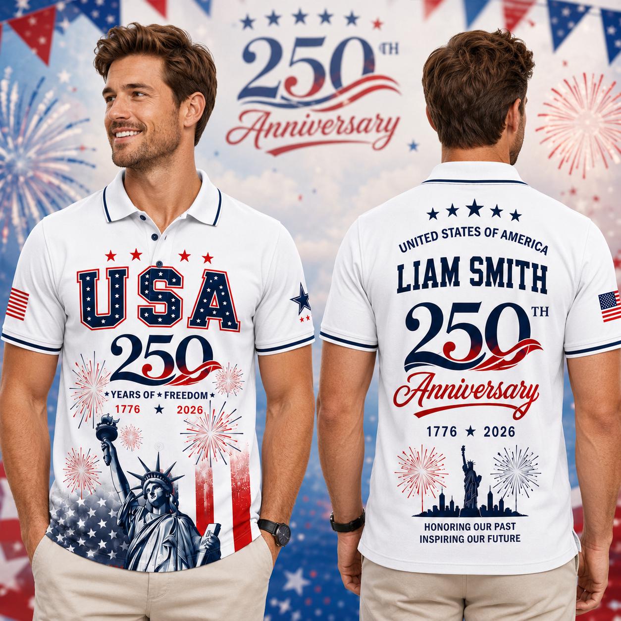Personalized USA 250th Anniversary Polo Shirt, Patriotic 1776 2026 Custom Name Shirt, America Semiquincentennial Gift, 4th of July Freedom | OG75
