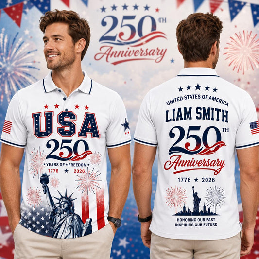 Personalized USA 250th Anniversary Polo Shirt, Patriotic 1776 2026 Custom Name Shirt, America Semiquincentennial Gift, 4th of July Freedom | OG75