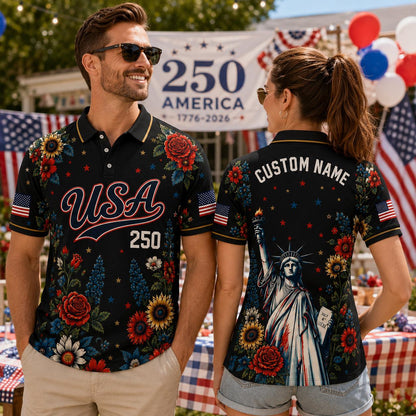 Custom Name USA 250th Anniversary Polo Shirt, Patriotic Floral Polo, America 1776-2026 Shirt, Custom Name Liberty Shirt, 4th of July Gift | UC81