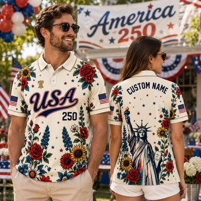 Custom Name USA 250th Anniversary Polo Shirt, Patriotic Floral Polo, America 1776-2026 Shirt, Custom Name Liberty Shirt, 4th of July Gift | UC81