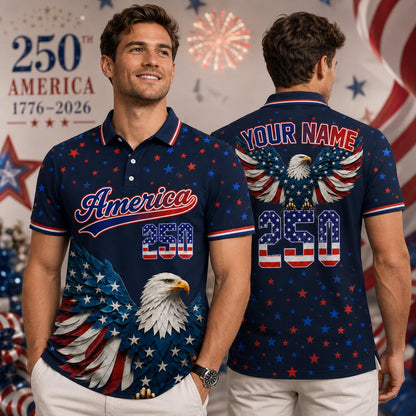 Personalized America 250 Polo Shirt, Patriotic Bald Eagle Shirt, USA Semiquincentennial 1776-2026, Custom Name July 4th Gift | KR22