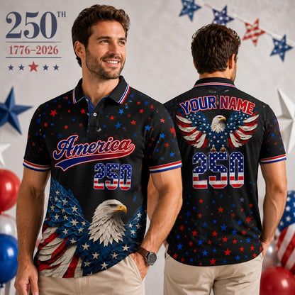 Personalized America 250 Polo Shirt, Patriotic Bald Eagle Shirt, USA Semiquincentennial 1776-2026, Custom Name July 4th Gift | KR22